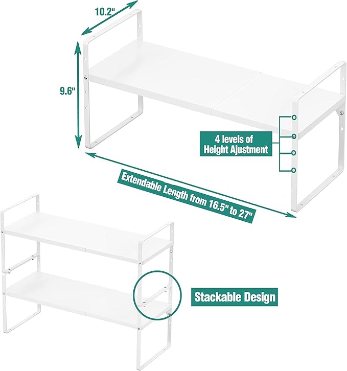 Expandable Cabinet Shelf Organizer Rack, Stackable Kitchen Counter Storage Shelves Stand, Adjustable Height Pantry Shelf Spice Rack, Heavy Duty Nonslip White Large 3Pack