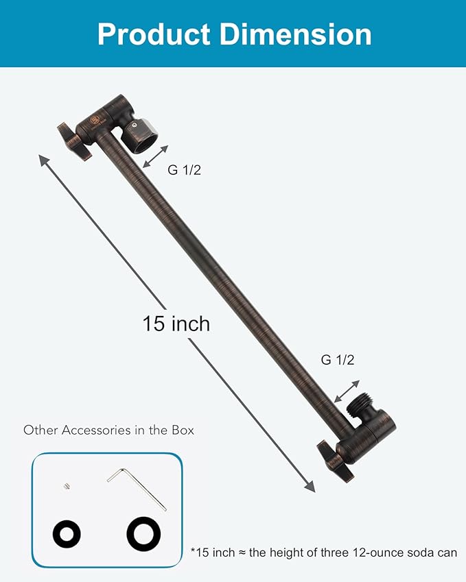 15 Inch Extra Long Adjustable Shower Head Extension Arm With Locking Set Screw, Singing Rain 304 Stainless Steel Angle Height Adjustable, G1/2 Universal Connector Compatible (Oil Rubber Bronze)