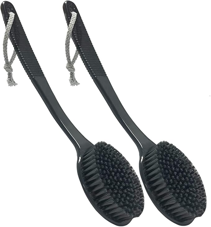 SUPERWASH PLUS Back Bath Brush - Curved Long Handle Shower Brush with Medium Stiff Charcoal Bristles for Cleaning and Exfoliating Body, Back Scrubber for Men & Women (Black 2 Pack)