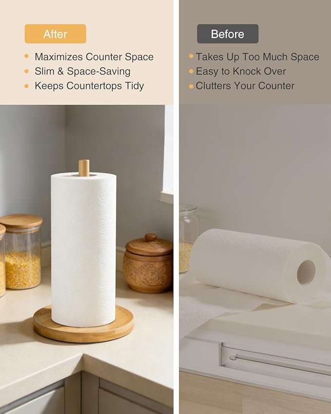 NESAPTO Paper Towel Holder Countertop, Wooden Freestanding Paper Towel Stand for Modern Farmhouse & Cottagecore Decor, Kitchen Bathroom Essential, Bamboo