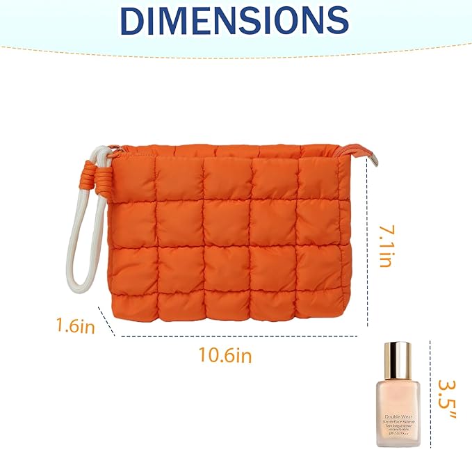 Puffy Quilted Makeup Bag Cosmetic Bag Equipped with a Detachable Handle Cute Zipper Pouch for Storage Clutch for Women(Orange)
