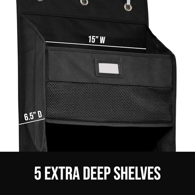GORILLA GRIP Large Capacity Closet Organizer, 5 Deep Shelves, Holds 50lbs, Over the Door Organizers 6 Mesh Pockets, Shelf Storage for Clothes Crafts Dorm Essentials, 3 Metal Hooks, 58x15 Inches, Black