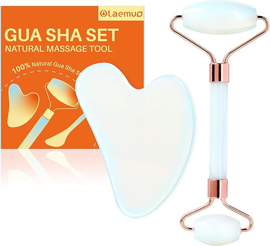 Opal Gua Sha and Face Roller, Real Jade Gua-Sha Stone Facial Tools Set for Reduce Puffiness, Body Guasha Tool for Relieve Neck Tension, SinkCare Beauty Massager as Present for Women,Opal