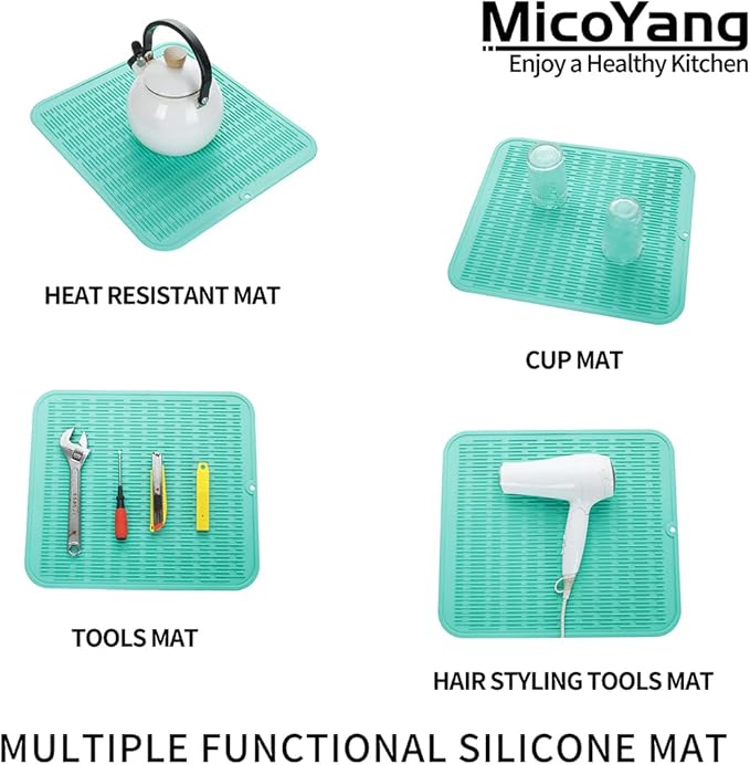MicoYang Silicone Dish Drying Mat for Multiple Usage,Easy clean,Eco-friendly,Heat-resistant Silicone Mat for Kitchen Counter or Sink,Refrigerator or Drawer Liner Mint XL 18 inches x 16 inches