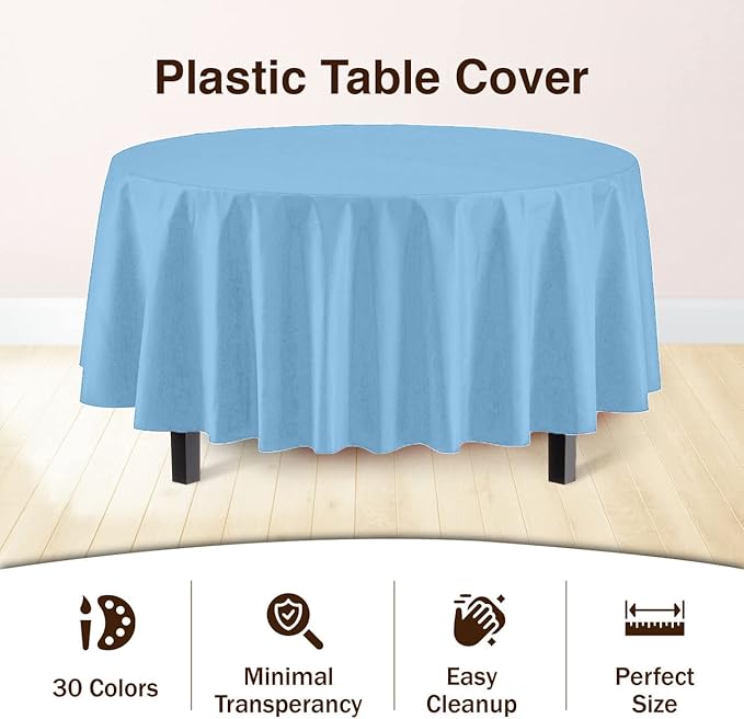 Party Solids 12-Pack Premium Plastic Tablecloth 84in. Round Table Cover - Light Blue