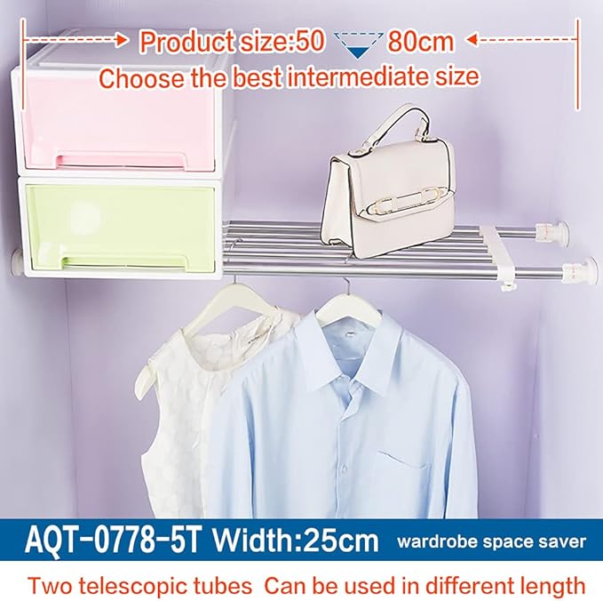 Hershii Expandable Closet Tension Shelf Rod Adjustable Storage Rack Heavy Duty DIY Organizer Divider for Wardrobe Cupboard Kitchen Bathroom