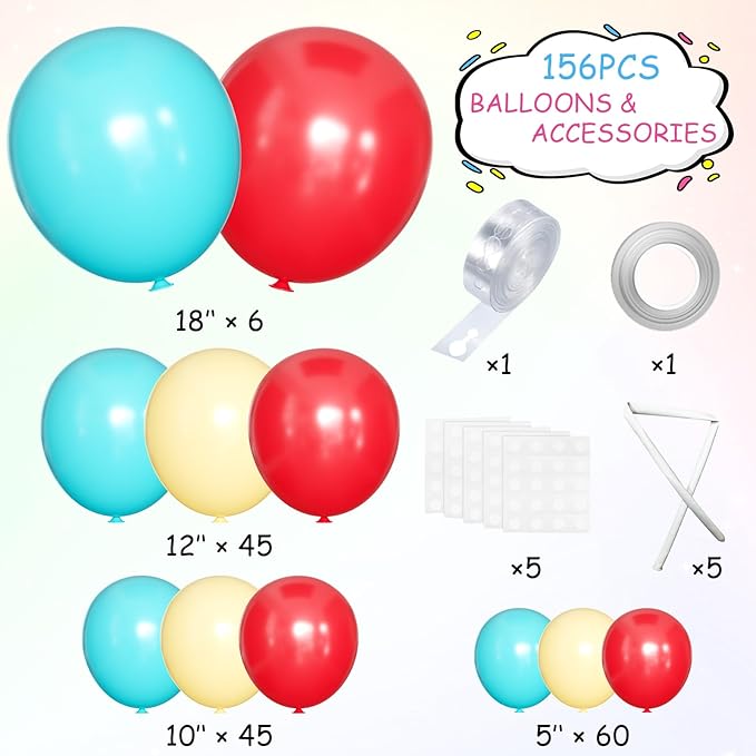 MEBAY Teal Balloons Garland Arch Kit, 156Pcs Turquoise Blue Macaron Yellow Red Latex Balloon Different Sizes 18 12 10 5 Inch for Birthday Baby Bridal Shower Wedding Party Backdrop Decorations