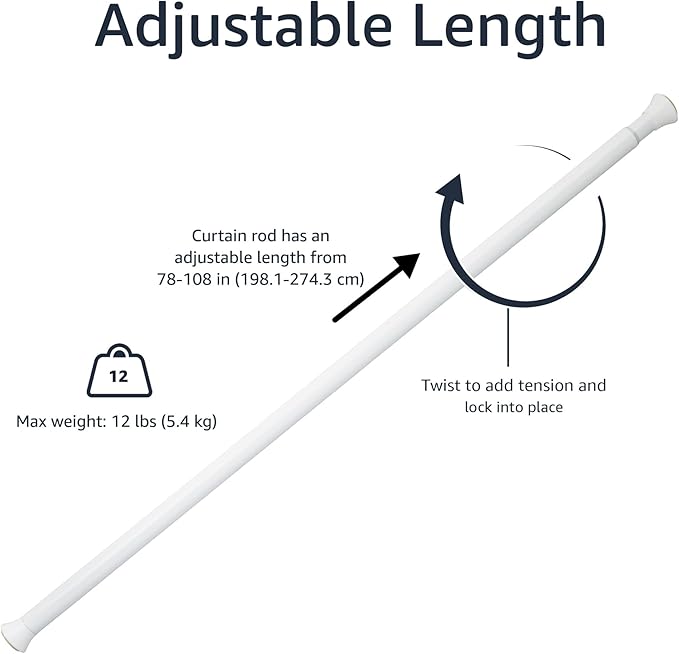 Amazon Basics No Drill Spring Tension Curtain Rod, Adjustable 78-108" Width, White, Classic Finial