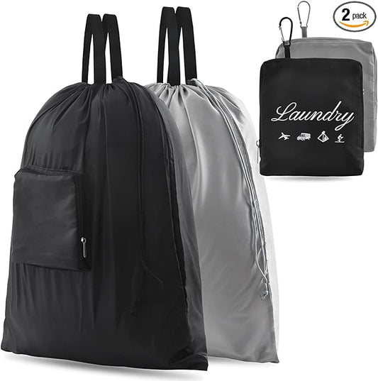 2 Pcs JHX Travel Laundry Bags, Dirty Clothes Organizer【Upgraded】with Handles and Aluminum Carabiner for Travel, Camp, Fitness, and Students (Black&Grey) 24"L x 21"W