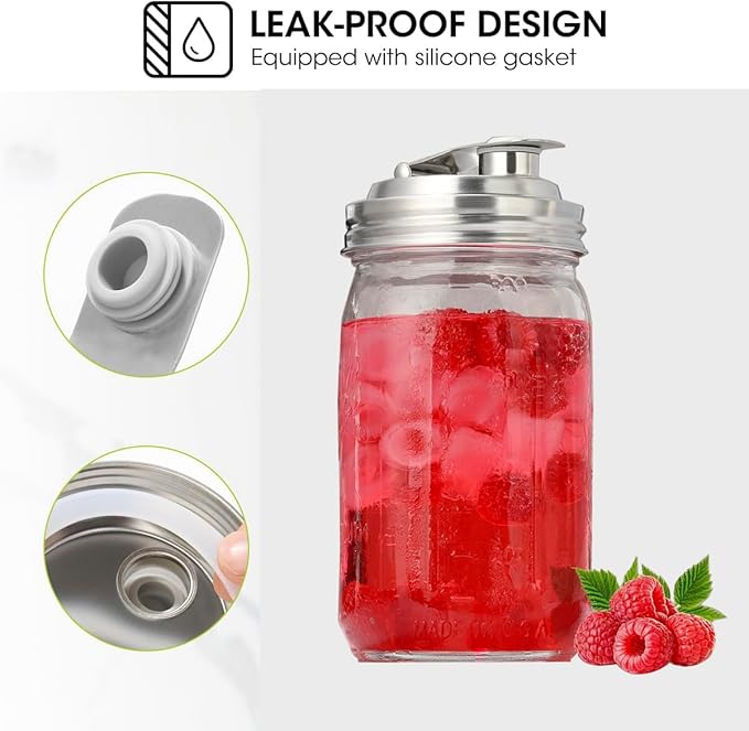Mason Jar Pour Spout Lid Stainless Steel,Pour Spout Flip Cap Lids for Mason Jars,No Rust Leaking Proof for Home Brewing Fruit Fermenting Drinks Airtight(2PCS) (Regular Mouth)