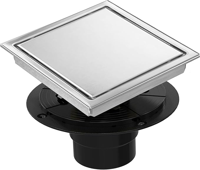 6 Inch Square Shower Floor Drain, Shower Drain Kit with Flange and 2 in 1 Tile-Insert Cover, Square Shower Drain, SUS 304 Stainless Steel Floor Drain, Silver