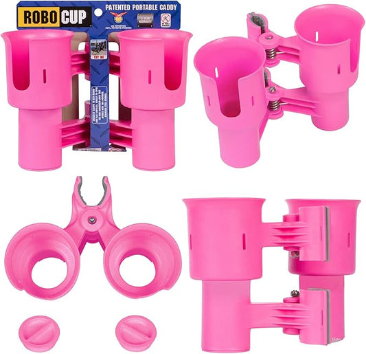 ROBOCUP, (Hot Pink EZ-Spring), Patented Clamp On Boat Cup Holder |Multifunction Dual Drink Caddy for Fishing Poles, Tools, Net |Portable Storage for Boating, Beach, Umbrellas, Golf Carts, Strollers