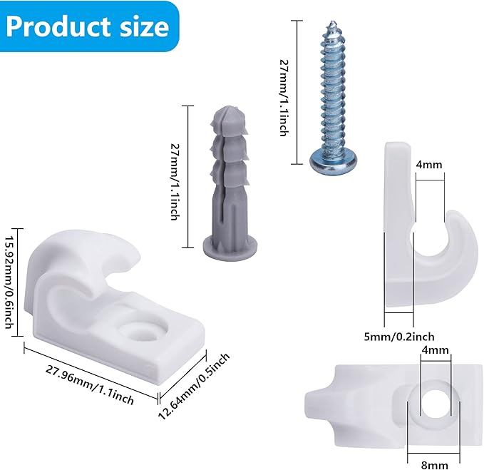 60 Pcs White Down Wall Clips- Wire Shelf Brackets Loop Clips- Closet Maid Support Brackets- Plastic Closet Shelves Clips Screws and Expansion Tubes for Wire Shelving