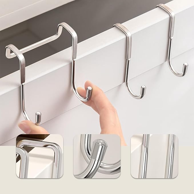 Over The Door Hooks, Stainless Steel Double Hooks, No Drill Cabinet Hooks for Kitchen Cabinet, Bathroom, Wardrobe, Office, Dormitory (2pcs)
