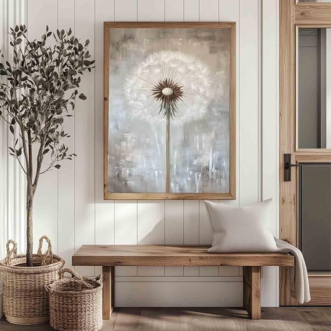 Dandelion Prints Wall Art Vintage Dandelion Poster White Flower Picture Grey And White Abstract Wall Art Abstract Flower Canvas Wildflower Painting Farmhouse Rustic Floral Room Decor 16x24in No Frame
