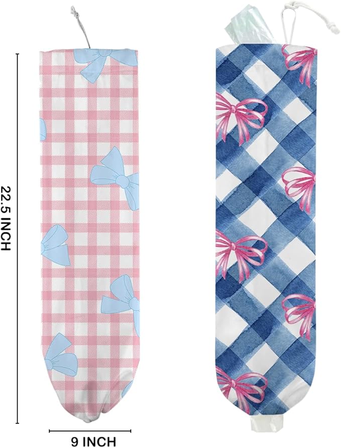2Pcs Pink Bow Plastic Bag Holder for Kitchen Essentials, Blue Bow Wall Mount Grocery Bag Holder for Plastic Bags, Blue Pink Plaid Check Reusable Shopping Bags Storage Dispenser for Home Kitchen Pantry