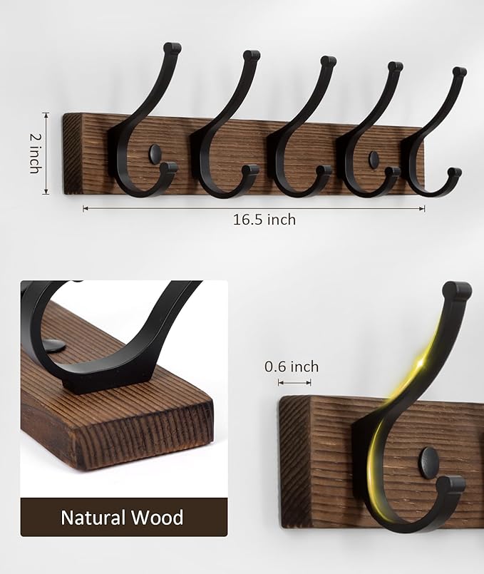 Coat Rack Wall Mount, 16.5 Inches Wood Coat Hooks Wall Mount, Wall Coat Rack with 5 Hooks, Hat Rack Wall Hooks for Hanging Coat, Bag, Towel (2Pack, Brown)