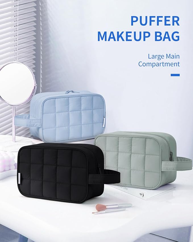 Narwey Puffy Travel Toiletry Bag for Traveling Women Girl, Travel Bag for Toiletries, Cute Travel Makeup Bag Organizer, Quilted Cosmetic Bag Make Up Skincare Medicine Bags