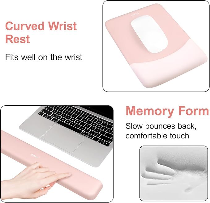MOSISO Keyboard Mouse Pad Set, Large Gaming Mouse Pad & Rectangular Keyboard Wrist Rest & Mousepad with Wrist Rest & Coaster, Ergonomic Non-Slip & Easy Typing Pad with Curved Silicone Lining, Baby Pink