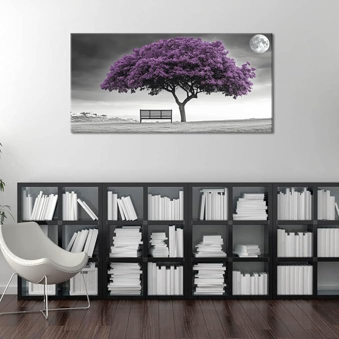 ZESTRILIA Country Purple Tree Wall Art for Living Room Office Violet Gray Moon Canvas Painting Prints Artwork Dining Bedroom Decor (40x20 Inches)