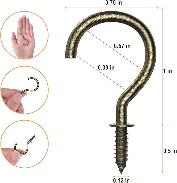 RELBRO Screw Hooks, 1 Inch Metal Screw in Cup Hooks, Bronze, 100 Pcs