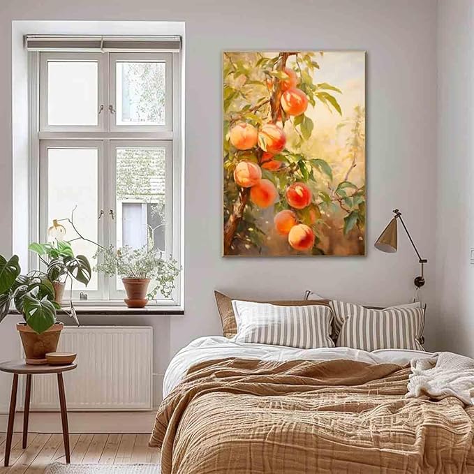 Mostemauo Peach Wall Art Still Life Fruit Painting Summer Wall Art Fruit Market Print Vintage Painting Abstract Botanical Picture Aesthetic Modern Kitchen Living Room Decor 16x24inch No Frame