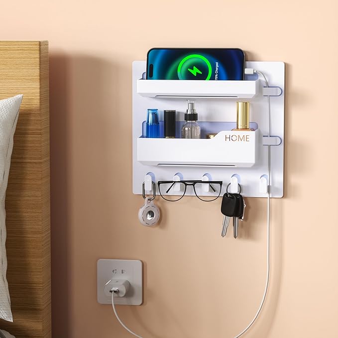 Bedside Shelf Wall Mount, Adhesive Bedside Shelf Accessories Organizer with Hooks and Cable Clips,Dorm Bedside Wall Storage for Phone, Remote, Earphone, Kindle,Plastic (5 Hooks Style)