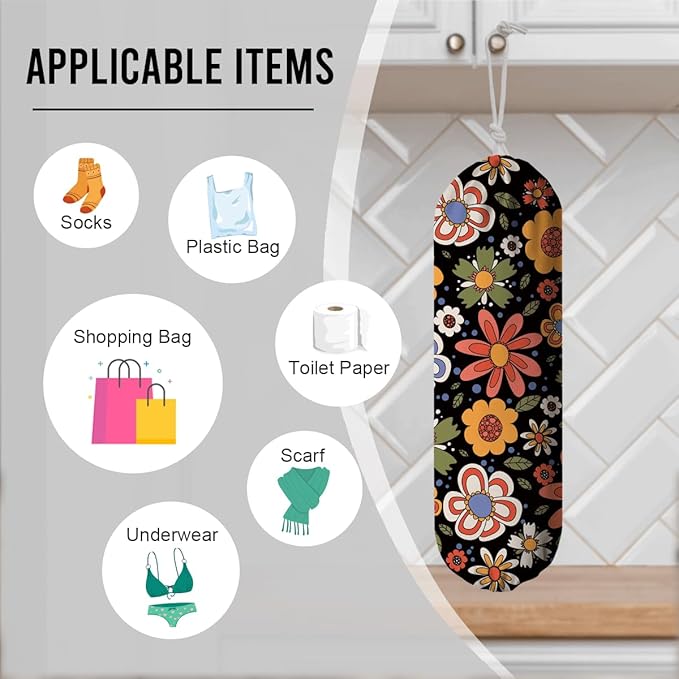 Flower Plastic Bag Holder, Wall Mount Grocery Bags Organizer, Washable Car Trash Bags, Kitchen Housewarming Gifts for Women Family Friends Grandma Mom, Kitchen Pattern Garbage Bag 59