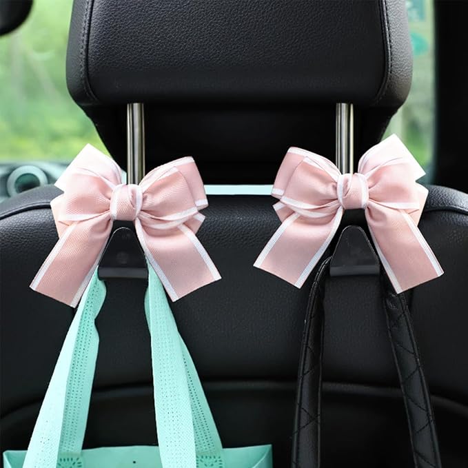 Mandark 2PCS Car Seat Headrest Hooks, Cute Bow Vehicle Hooks for Purses and Bags, Automotive Purse Hook Hanger Interior Decoration Accessories, Universal for SUV, Sedan, Truck (Pink Line)
