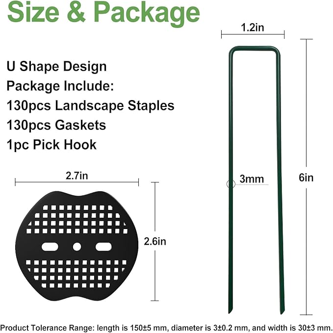 FOTMISHU Landscape Staples 6Inch 130Pcs Garden Stakes + 130pcs Gasket, Lawn Pins with Spray Coating Craft,11Gauge Anti-Rust Ground Yard Spikes Anchoring for Outdoor Tents Irrigation Hoses (Green)