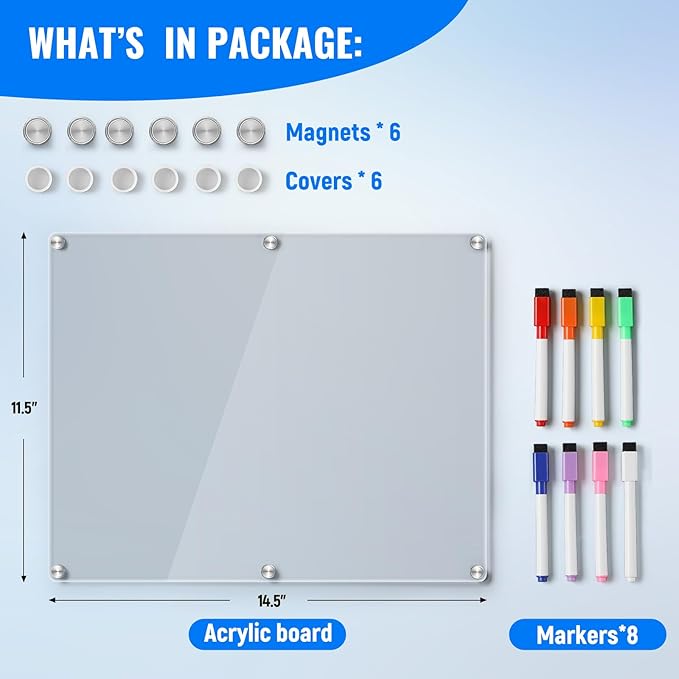 Acrylic Magnetic Whiteboard for Fridge, Clear Dry Erase Memo Board for Refrigerator with 8 Markers, Magnetic Planning Menu Board for to Do List/Shopping List, Meal Planner for Kitchen, 14.5 * 11.5''
