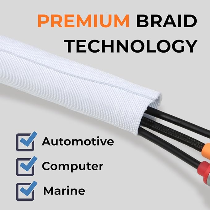 5/16 inch Split Braided Cable Management Sleeve for USB Cable Power Cord Audio Video Cable, Wire Loom Cord Protector from Cat Dog Chewing (White, 25FT)