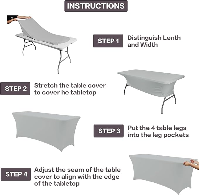 IVAPUPU 8FT Tablecloth for Rectangular Fitted Events Stretch Grey Table Covers Washable Cover Spandex Tablecloth Protector for Party, Wedding, Cocktail, Banquet, Festival