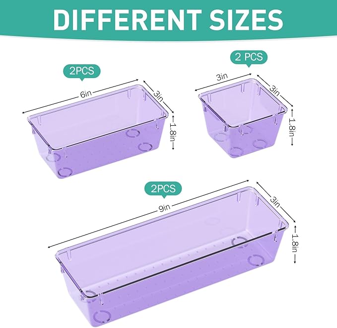 WOWBOX 9 Pack Clear Drawer Organizer Set, Acrylic Drawer Storage Trays, Storage Bins for Makeup, Cosmetics, Jewelry, Utensils, Gadgets, Office, Purple