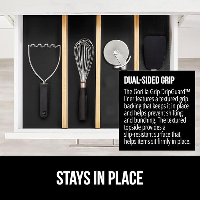 GORILLA GRIP DripGuard Shelf Liner, Non-Adhesive Drawer and Kitchen Cabinet Protector, Strong Grip Slip Resistant Underside, Smooth Surface Liners for Cabinets, Bathroom Closets, 17.5x120 Inch, Black