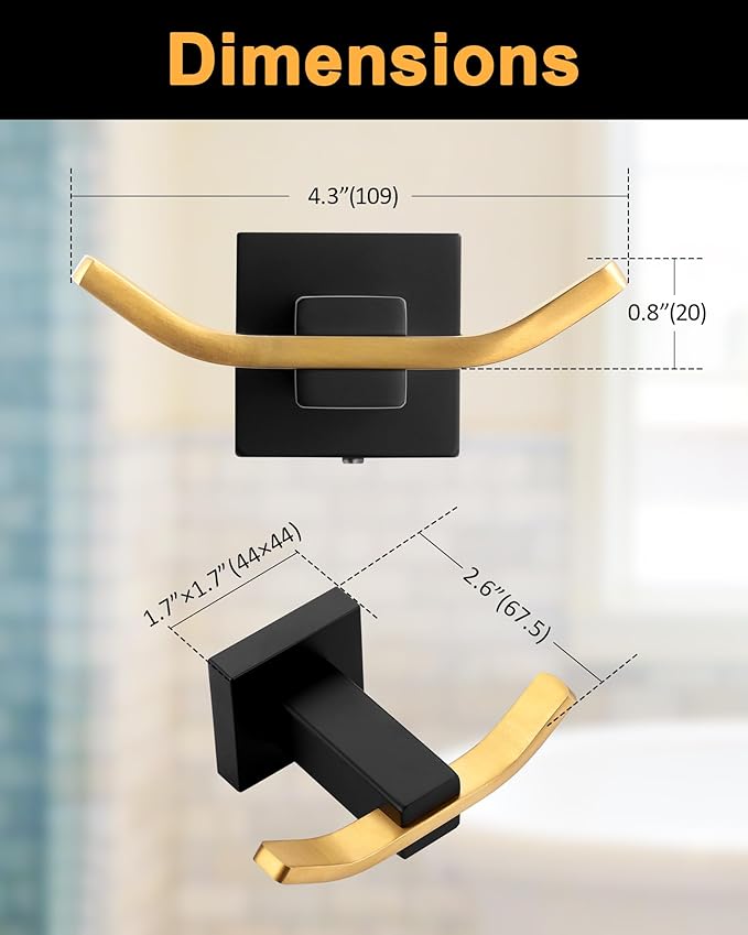 WOWOW Towel Hooks for Bathrooms Black and Gold, SUS304 Stainless Steel Coat Hook, Bathroom Robe Towel Holder, Heavy Duty Robe Hooks, Bathroom Double Towel Hooks for Coats, Sponges, Wall Mount