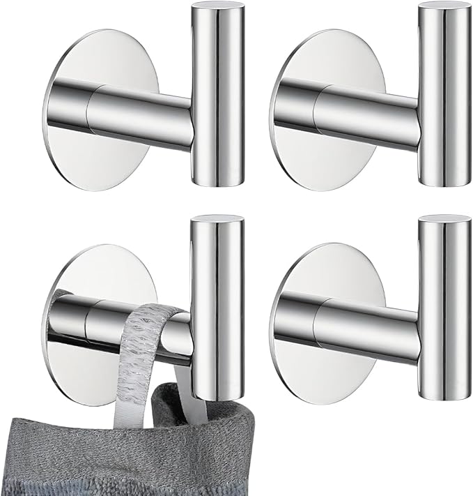 JQK Self Adhesive Towel Hook Chrome, No Drill Stick on Coat Robe Clothes Wall Hook for Bathroom Kitchen Garage 4 Pack, 304 Stainless Steel Polished Steel, ATH110-CH-P4
