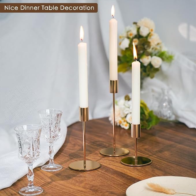 Gold Candlestick Holders - Bulk Decorative Metal Candelabra - Fits 0.8 Inch Diameter Taper Candles - Gold Taper Candle Stands for Wedding, Home, Party Table Decor (Set of 27)