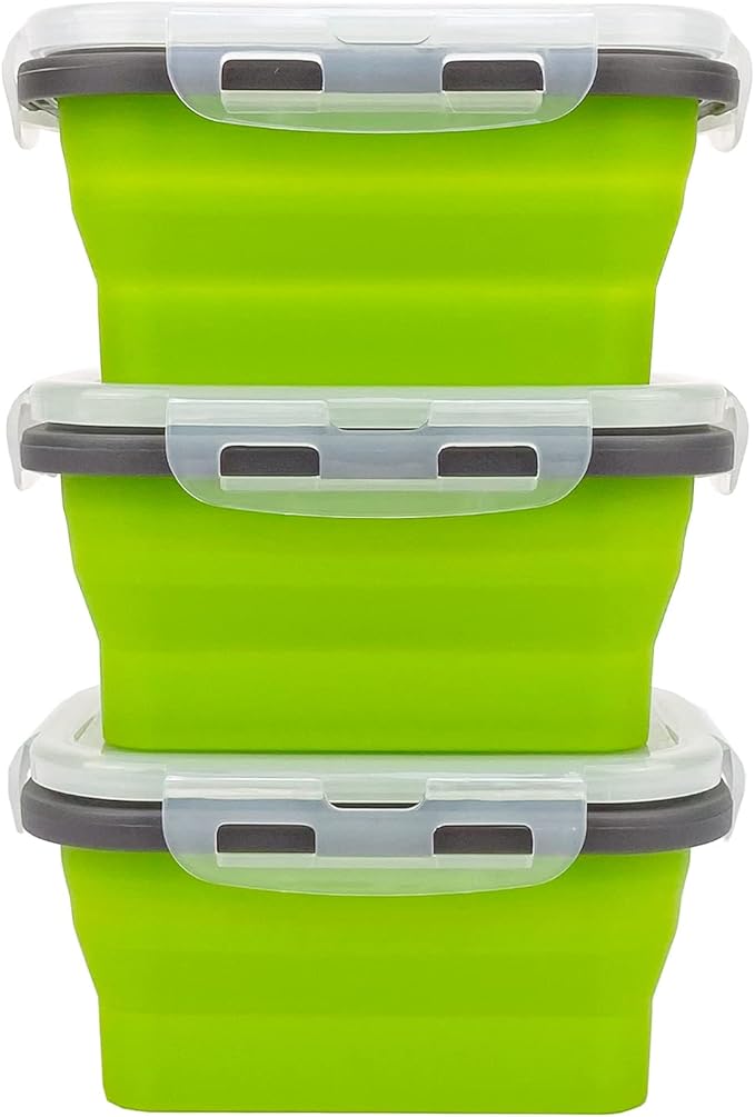 CCyanzi 3-Piece Collapsible Food Storage Containers with Lids, Silicone Lunch Container, Microwave & Freezer Safe, Space Saving for Kitchen Cabinet and Camping Backpack (Green Gray)