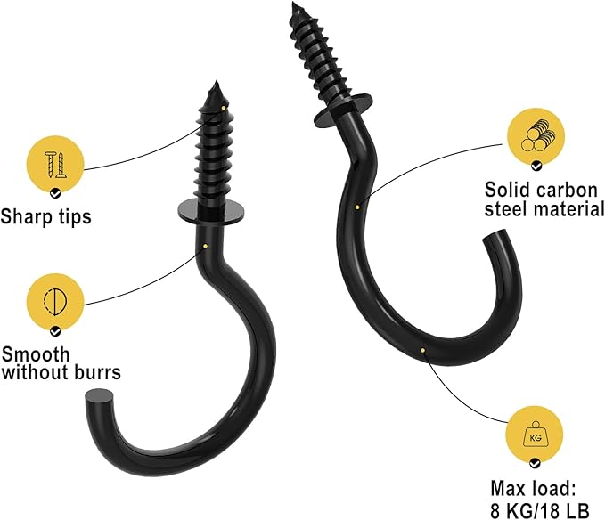 RELBRO Screw Hooks, 1 Inch Metal Screw in Cup Hooks, Black, 100 Pcs
