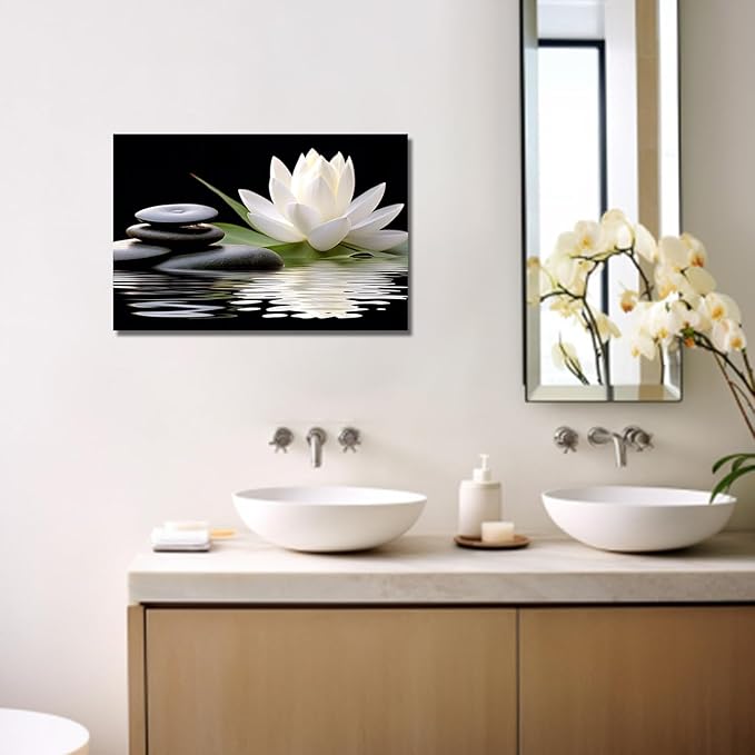 LZIMU Zen Canvas Wall Art White Lotus and Black Zen Stones Bloom in Water Picture Prints for Yoga Spa Meditation Spiritual Room Bathroom Decor (Zen-1, 16"x24")