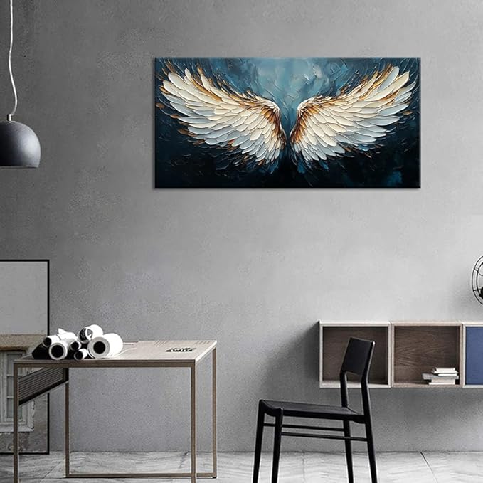 ZESTRILIA Angel Wings Wall Art Blue Oil Painting Reproduction Print Modern Abstract Canvas Paintings Waterproof Artwork Picture for Living Room Bedroom Home Office Kitchen Décor (28x58inch)