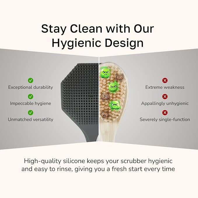 Silicone Back Scrubber with Long Handle - Octagon Body Brush for Shower, Bath, and Exfoliating - Skin Cleansing, Back Scrub and Gentle Silicone Sponge - Wash Your Body with Easy Reach - Gray