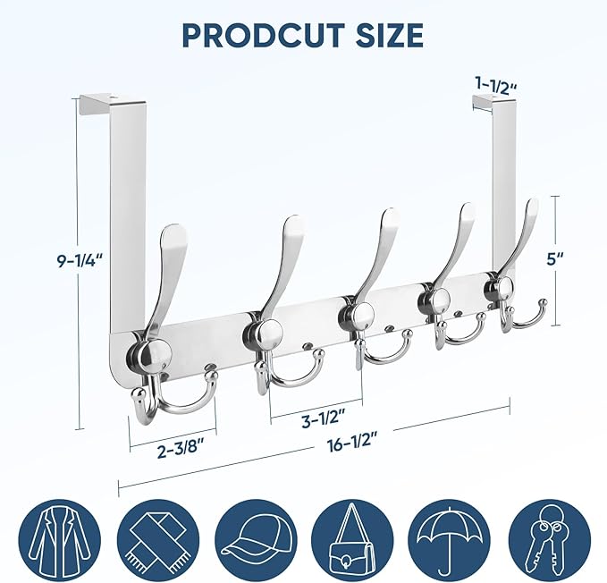 TICONN Over The Door Hooks, 5 Heavy Duty Tri Coat Rack All Metal Coat Hanger for Bathroom Bedroom Dorm (Chrome, 2PK, Fit 1-3/8" Doors)