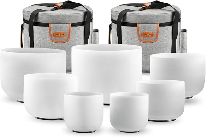 Ryan Dvan 432Hz 7-12 Inch 7 Chakra Crystal Singing Bowl Set Frosted Quartz Crystal Sound Therapy Kit with Suede Mallets 2 Travel Cases O-Ring Tool for Yoga Meditation Energy Balancing Reiki Healing