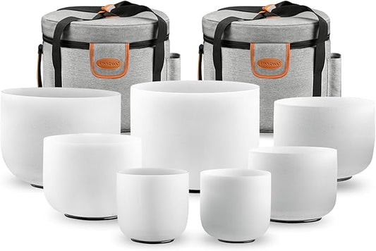 Ryan Dvan 432Hz 7-12 Inch 7 Chakra Crystal Singing Bowl Set Frosted Quartz Crystal Sound Therapy Kit with Suede Mallets 2 Travel Cases O-Ring Tool for Yoga Meditation Energy Balancing Reiki Healing