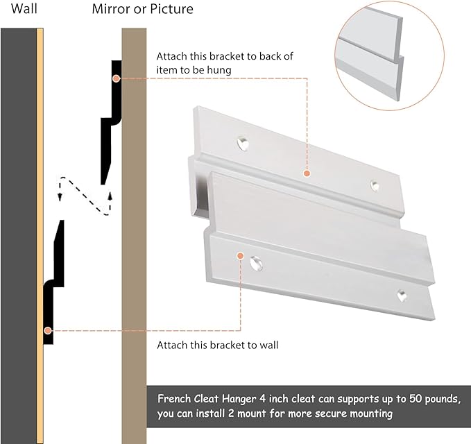 French Cleat Picture Hanger, Aluminum Z Hanger Interlocking Wall Mounting Bracket Hardware Kit Z Clips for Hanging Wall Painting, Mirrors, Panels, Artwork, Cabinet, Whiteboard (4inch-8Pairs)
