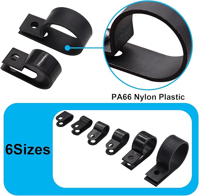 TWTADE 222PCS Black Cable Clamps Assortment Kit, Nylon Plastic R-Type 6 Sizes 3/16'' 1/4'' 3/8'' 1/2'' 3/4'' 1'' Cable Mounting Wire Clips Fastener with Screws for Wire Management