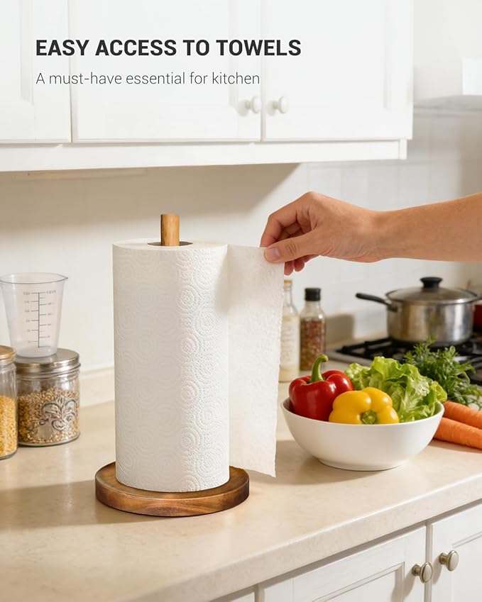 NESAPTO Paper Towel Holder Countertop, Wooden Standing Paper Towel Roll Stand for Rustic Farmhouse & Cottagecore Decor, Kitchen Bathroom Essential, Brown
