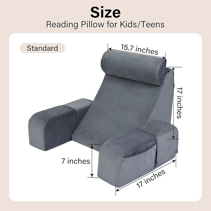 ENITYA Reading Pillow for Kids/Teens/Adults, 17" Back Pillow for Bed Sitting up, Bed Rest Pillow with Arms, Back Support Pillow for Watching TV/Reading/Resting, Dorm Room Essentials, Standard (Grey)
